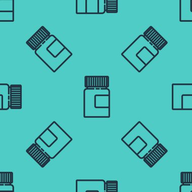 Siyah çizgi ilaç şişesi ikonu yeşil arka planda izole edilmiş pürüzsüz desen. Şişe hapı işareti. Eczane tasarımı. Vektör İllüstrasyonu