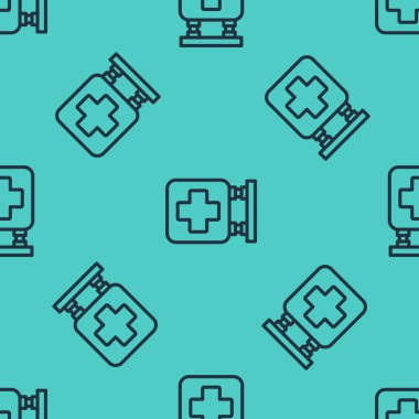 Siyah çizgi hastane tabela ikonu yeşil arka planda kusursuz desen izole etti. Vektör İllüstrasyonu