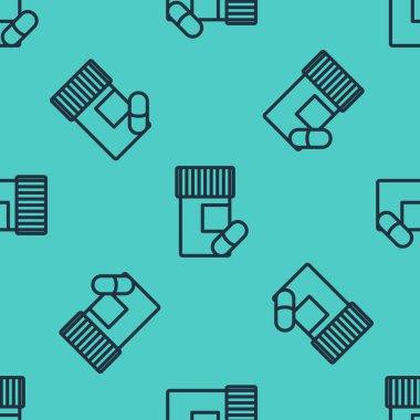 Siyah çizgi ilaç şişesi ve ilaç ikonu yeşil arka planda izole edilmiş kusursuz desen. Şişe hapı işareti. Eczane tasarımı. Vektör İllüstrasyonu