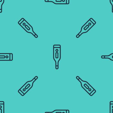 Tıbbi inceleme ikonu için siyah çizgi dijital termometresi yeşil arka planda izole edilmiş pürüzsüz desen. Vektör İllüstrasyonu