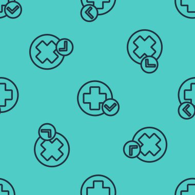 Siyah çizgi çapraz hastane tıbbi ikonu yeşil arka planda kusursuz desen izole etti. İlk yardım. Teşhis sembolü. İlaç ve eczane işareti. Vektör İllüstrasyonu