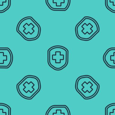 Siyah çizgi tıbbi kalkanı, çapraz ikon izole edilmiş, yeşil arka planda pürüzsüz desen. Koruma, güvenlik, şifre güvenliği. Vektör İllüstrasyonu