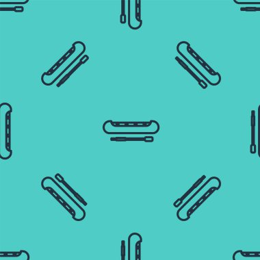 Siyah çizgi kano ve kürek ikonu yeşil arka planda izole edilmiş pürüzsüz desen. Balıkçılık ve turizm için kano. Açık hava aktiviteleri. Vektör İllüstrasyonu