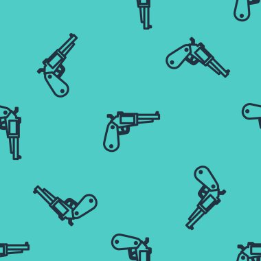 Siyah çizgi Revolver silah ikonu yeşil arka planda kusursuz desen izole etti. Vektör İllüstrasyonu