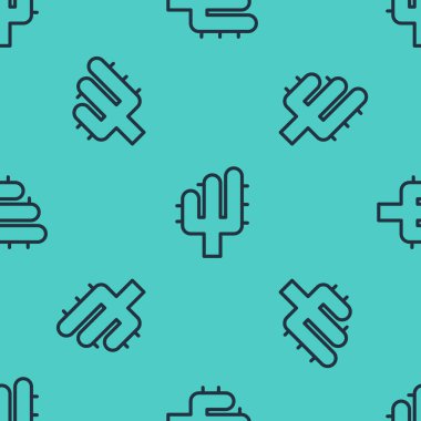 Siyah çizgi Kaktüs ikonu yeşil arkaplandaki kusursuz deseni izole etti. Vektör İllüstrasyonu