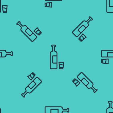 Siyah çizgili viski şişesi ve cam ikon yeşil arka planda izole edilmiş pürüzsüz desen. Vektör İllüstrasyonu