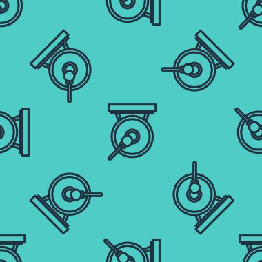 Black line Gong musical percussion instrument circular metal disc and hammer icon isolated seamless pattern on green background. Vector Illustration vector