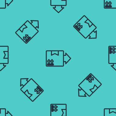 Üzerinde trafik sembolü simgesi olan siyah çizgi karton kutu yeşil arka planda izole edilmiş kusursuz desen. Kutu, paket, paket. Teslimat, ulaşım ve nakliye. Vektör İllüstrasyonu