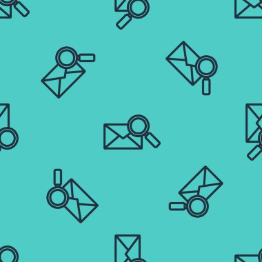 Büyüteç simgesine sahip siyah çizgi zarflı posta yeşil arkaplandaki kusursuz deseni izole etti. Vektör İllüstrasyonu