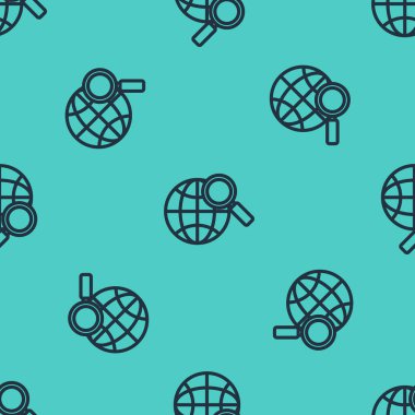 Küre simgesine sahip siyah çizgi büyüteç yeşil arka planda izole edilmiş pürüzsüz desen. Dünyayı analiz ediyorum. Küresel arama işareti. Vektör İllüstrasyonu