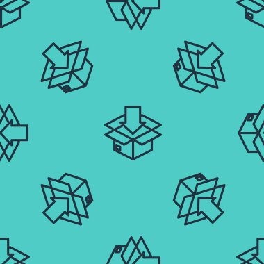 Üzerinde trafik sembolü simgesi olan siyah çizgi karton kutu yeşil arka planda izole edilmiş kusursuz desen. Kutu, paket, paket. Teslimat, ulaşım ve nakliye. Vektör İllüstrasyonu