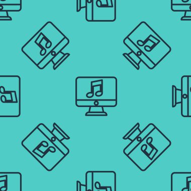 Ekran simgesinde nota sembolü olan siyah çizgi bilgisayarı yeşil arkaplanda izole edilmiş pürüzsüz desen. Vektör İllüstrasyonu