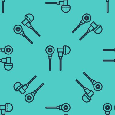 Siyah çizgi hava kulaklığı simgesi yeşil arka planda izole edilmiş pürüzsüz desen. Kulaklıklar için kablosuz cihaz. Elektronik cihazlar. Vektör İllüstrasyonu