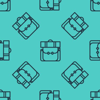 Siyah çizgi Yürüyüş sırt çantası simgesi yeşil arka planda izole edilmiş kusursuz desen. Kamp ve dağ gezisi sırt çantası. Vektör İllüstrasyonu