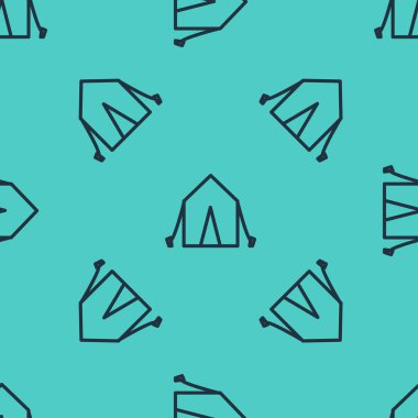 Siyah çizgi turist çadırı simgesi yeşil arka planda izole edilmiş pürüzsüz desen. Kamp sembolü. Vektör İllüstrasyonu