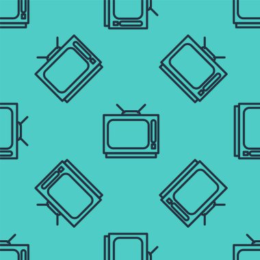 Siyah çizgi Retro TV simgesi yeşil arkaplanda izole edilmiş kusursuz desen. Televizyon tabelası. Vektör İllüstrasyonu