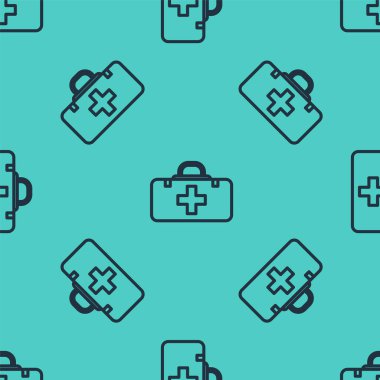 Siyah çizgi ilk yardım çantasının simgesi yeşil arkaplandaki pürüzsüz deseni izole etti. Haçlı sağlık kutusu. Acil durumlar için tıbbi ekipman. Sağlık sigortası konsepti. Vektör İllüstrasyonu