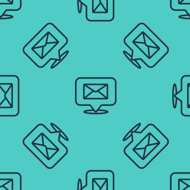 Zarf simgesine sahip siyah çizgi konuşma balonu yeşil arka planda izole edilmiş pürüzsüz desen. Vektör İllüstrasyonu