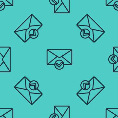 Yeşil arkaplanda siyah çizgi zarfı ve iz simgesi izole edilmiş pürüzsüz desen. Başarılı bir e-posta teslimatı, e-posta teslimatı. Vektör İllüstrasyonu