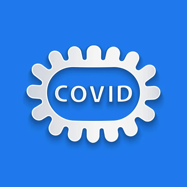 Papír řez Corona virus covid-19 ikona izolované na modrém pozadí. Bakterie a bakterie, rakovina buněk, mikrobi, houby. Papírový styl. Vektorová ilustrace — Stockový vektor