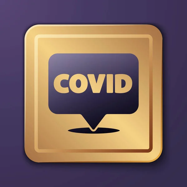 Purple Corona virus covid-19 on location icon isolated on purple background. Bacteria and germs, cell cancer, microbe, fungi. Gold square button. Vector Illustration — Stock Vector