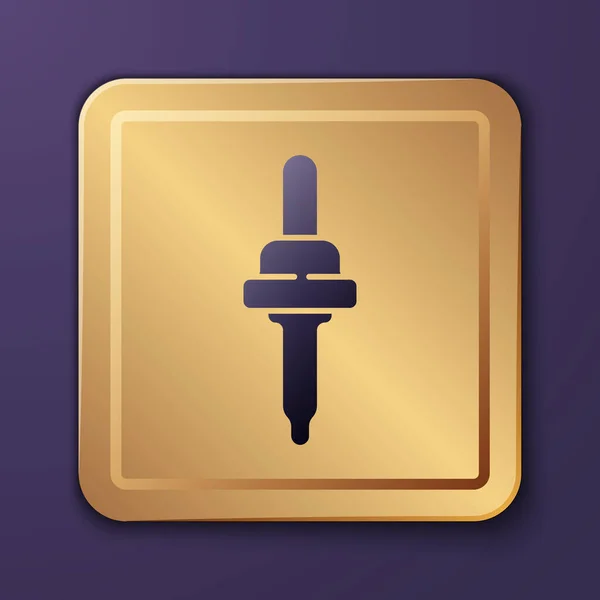 Lila pipett ikon isolerad på lila bakgrund. Inslag av medicinsk, kosmetisk, kemi lab utrustning. Guld fyrkantig knapp. Vektor Illustration — Stock vektor