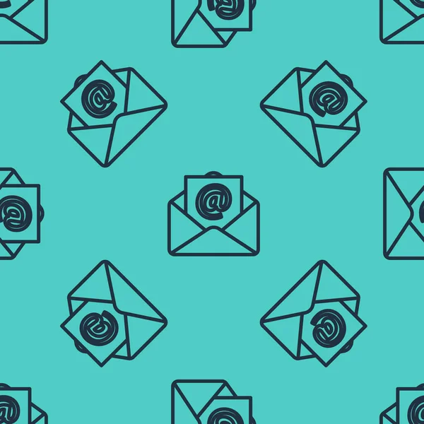 Fekete vonal Mail és e-mail ikon elszigetelt zökkenőmentes minta zöld háttér. Boríték szimbólum e-mail. E-mail üzenet jel. Vektorillusztráció — Stock Vector