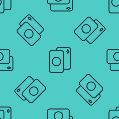 Kart simgesinin siyah çizgi güvertesi yeşil arkaplanda izole edilmiş pürüzsüz desen. Kumarhane kumarı. Vektör İllüstrasyonu