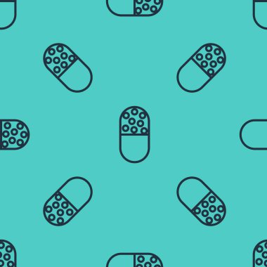 Siyah çizgi ilaç veya tablet ikonu yeşil arka planda izole edilmiş pürüzsüz desen. Kapsül hapı ve uyuşturucu işareti. Eczane tasarımı. Vektör İllüstrasyonu