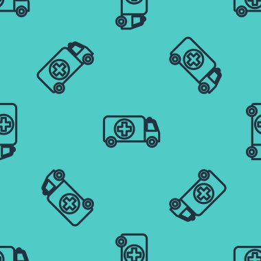 Siyah hat ambulans ve acil durum arabası ikonu yeşil arka planda izole edilmiş pürüzsüz desen. Ambulans aracı tıbbi tahliye. Vektör İllüstrasyonu