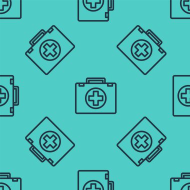 Siyah çizgi ilk yardım çantasının simgesi yeşil arkaplandaki pürüzsüz deseni izole etti. Haçlı sağlık kutusu. Acil durumlar için tıbbi ekipman. Sağlık sigortası konsepti. Vektör İllüstrasyonu