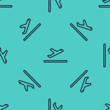 Siyah çizgi uçak kalkış ikonu yeşil arka planda izole edilmiş pürüzsüz desen. Uçak taşıma sembolü. Vektör İllüstrasyonu