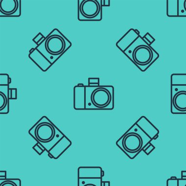Siyah çizgi fotoğraf makinesi simgesi yeşil arkaplandaki kusursuz deseni izole etti. Fotoğraf makinesi simgesi. Vektör İllüstrasyonu