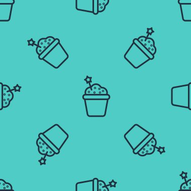 Siyah çizgi kek simgesi yeşil arkaplandaki kusursuz deseni izole etti. Doğum günün kutlu olsun. Vektör İllüstrasyonu