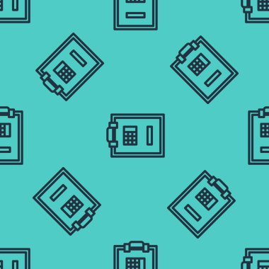 Yeşil arkaplanda siyah çizgi güvenli simge izole edilmiş kusursuz desen. Kapı, şifreli bir banka kasası. Güvenilir Veri Koruma. Vektör İllüstrasyonu