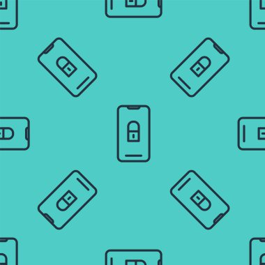 Kapalı asma kilit simgesine sahip siyah çizgi akıllı telefon yeşil arka planda izole edilmiş pürüzsüz desen. Kilitli telefon. Gezici güvenlik, güvenlik, koruma konsepti. Vektör İllüstrasyonu