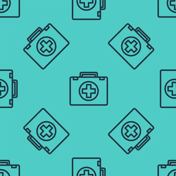 Siyah çizgi ilk yardım çantasının simgesi yeşil arkaplandaki pürüzsüz deseni izole etti. Haçlı sağlık kutusu. Acil durumlar için tıbbi ekipman. Sağlık sigortası konsepti. Vektör İllüstrasyonu