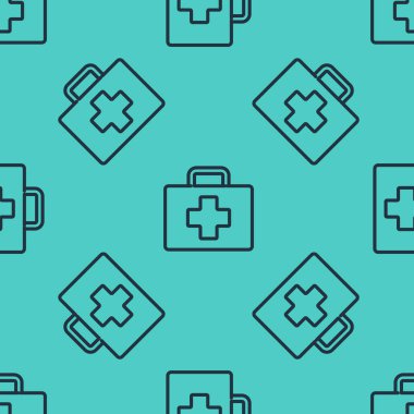 Siyah çizgi ilk yardım çantasının simgesi yeşil arkaplandaki pürüzsüz deseni izole etti. Haçlı sağlık kutusu. Acil durumlar için tıbbi ekipman. Sağlık sigortası konsepti. Vektör İllüstrasyonu