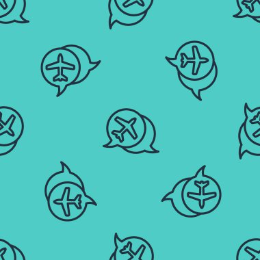 Uçak seyahat ikonuna sahip siyah çizgi konuşma balonu yeşil arka planda izole edilmiş kusursuz desen. Uçak nakil işareti. Tatil sembolü. Vektör İllüstrasyonu