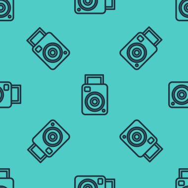 Siyah çizgi fotoğraf makinesi simgesi yeşil arkaplandaki kusursuz deseni izole etti. Fotoğraf makinesi simgesi. Vektör İllüstrasyonu
