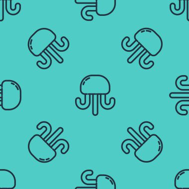 Siyah çizgi denizanası ikonu yeşil arka planda izole edilmiş pürüzsüz desen. Vektör İllüstrasyonu