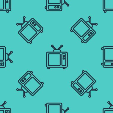Siyah çizgi Retro TV simgesi yeşil arkaplanda izole edilmiş kusursuz desen. Televizyon tabelası. Vektör İllüstrasyonu