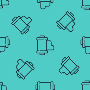 Siyah çizgi kamera klasik film rulo kartuş ikonu yeşil arkaplandaki kusursuz deseni izole etti. 35 mm 'lik film kutusu. Film şeridi fotoğrafçı ekipmanı. Vektör İllüstrasyonu