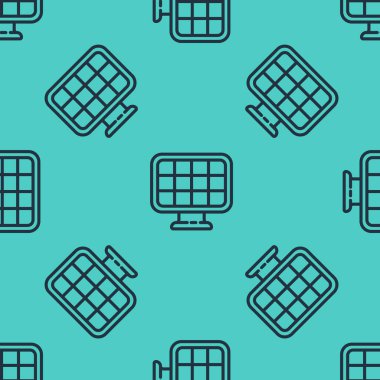 Siyah çizgi güneş enerjisi simgesi yeşil arka planda izole edilmiş pürüzsüz desen. Vektör İllüstrasyonu