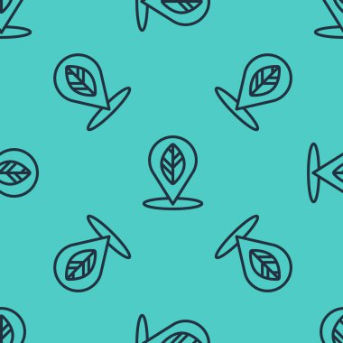 Simgenin içinde yaprak olan siyah çizgi konum iğnesi yeşil arkaplanda izole edilmiş pürüzsüz desen. Vektör İllüstrasyonu