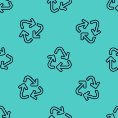 Siyah çizgi geri dönüşüm sembolü simgesi yeşil arkaplanda izole edilmiş pürüzsüz desen. Dairesel ok simgesi. Çevre geri dönüşümü yeşile döner. Vektör İllüstrasyonu