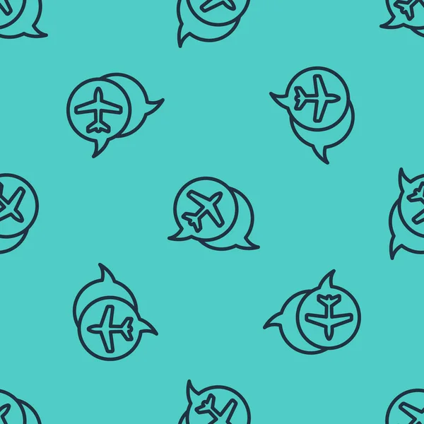 Uçak seyahat ikonuna sahip siyah çizgi konuşma balonu yeşil arka planda izole edilmiş kusursuz desen. Uçak nakil işareti. Tatil sembolü. Vektör İllüstrasyonu