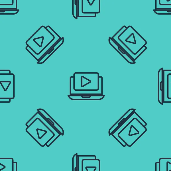 Svart linje Online spela video ikon isolerad sömlös mönster på grön bakgrund. Laptop och filmremsa med lekskylt. Vektor Illustration — Stock vektor
