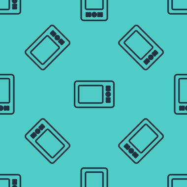 Siyah çizgi grafiksel tablet simgesi yeşil arkaplanda izole edilmiş kusursuz desen. Vektör İllüstrasyonu