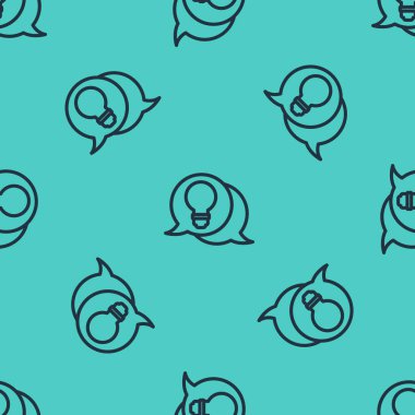 Fikir ikonu kavramına sahip siyah çizgi konuşma balonu ve ampul yeşil arka planda izole edilmiş pürüzsüz desen. Enerji ve fikir sembolü. Vektör İllüstrasyonu